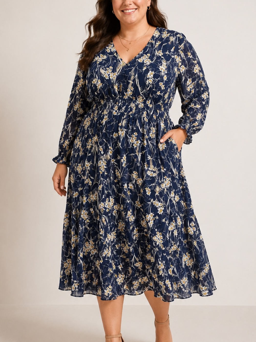 the NY Collection Women's Long Sleeve Clip Dot Chiffon Dress 3x